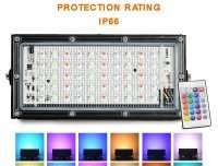 RGB LED Flood Light- Remote Controlled IP66 Waterproof Landscape & Outdoor Lighting (50W, AC220V) – Black Color
