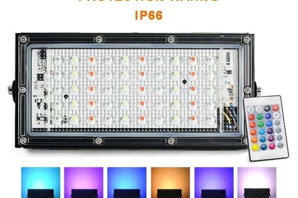 RGB LED Flood Light- Remote Controlled IP66 Waterproof Landscape & Outdoor Lighting (50W, AC220V) – Black Color